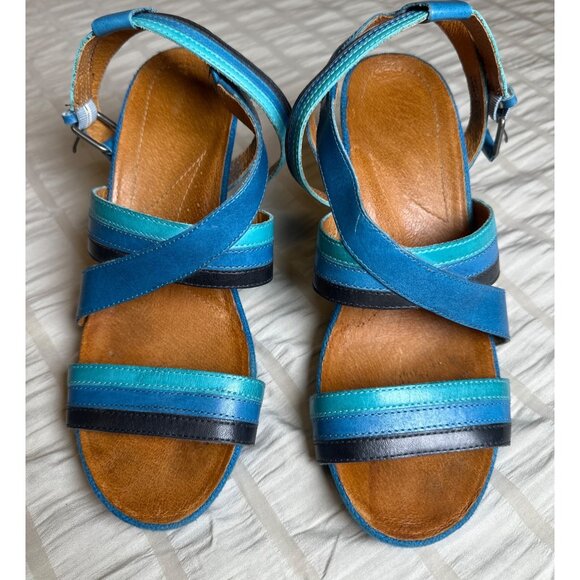 NAYA Mint Blue Black LEATHER Women Size 8 1/2 M Ankle Strap BAMBOO Heeled Sandal - Picture 5 of 9
